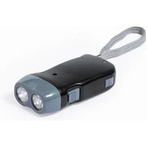 A handheld torch featuring a black body with grey accents and a wrist strap. It has two light bulbs on the front.