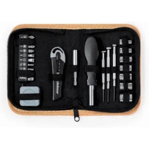 A compact tool kit featuring various tools including a multi-bit screwdriver, bits, and a tool holder, all in a zippered case.