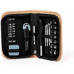 A tool kit featuring various screwdriver bits, a handle, and additional tools, enclosed in a brown case with a black interior.