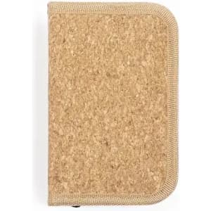 A compact cork wallet in a natural beige hue with rounded edges and stitching detail. Features a branded logo.