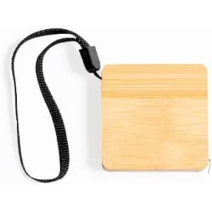 A square bamboo phone pouch with a black strap. The pouch has a smooth, natural wood finish.