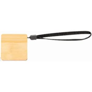 A square bamboo keychain with a black strap. The natural wood colour contrasts with the strap.