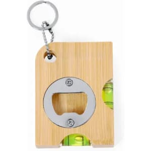 A bamboo bottle opener with a built-in level, featuring a silver opener and keychain attachment.