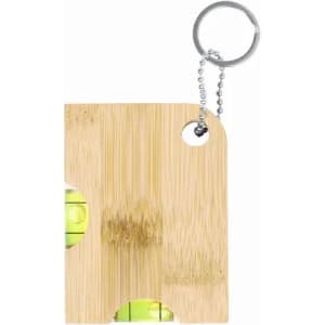 A bamboo keychain level with two vials, showcasing a natural wood finish and a silver chain.
