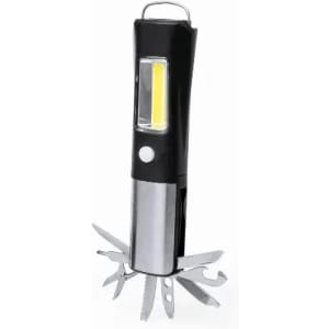 A multifunctional tool featuring a black handle, metal accents, a built-in light, and various useful attachments.