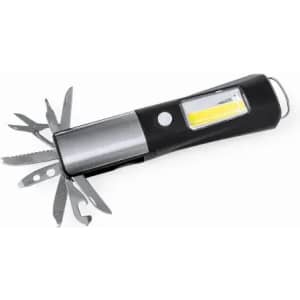 A multi-tool featuring various stainless steel tools, a flashlight, and a black and silver design.
