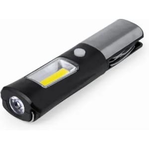 A flashlight featuring a black body with a silver top, including a powerful LED light and a side work light.