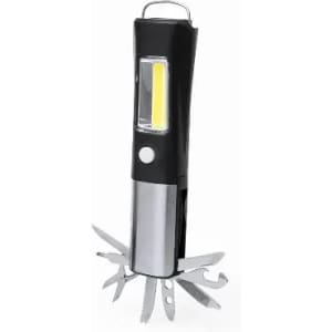 A multi-tool light with a black handle and silver accents, featuring several folding tools and a built-in LED light.