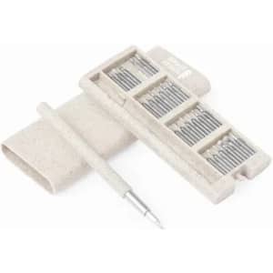 A screwdriver set with multiple interchangeable heads, packaged in a light grey storage case.