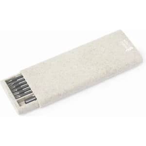 A grey eco-friendly pencil case containing multiple pencils. The case has a simple, minimalist design.