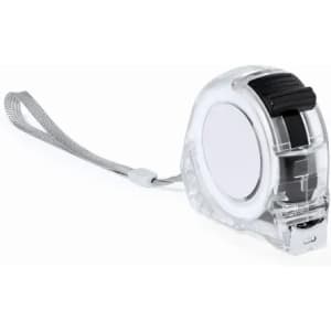 A retractable measuring tape in a clear casing, featuring a black strap and a silver measuring tape.