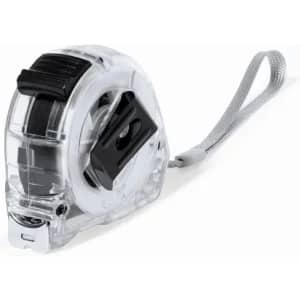 A measuring tape in a clear casing with a black locking mechanism and a silver wrist strap.