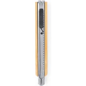 A silver utility knife with a wooden handle, featuring a retractable blade and a safety lock.