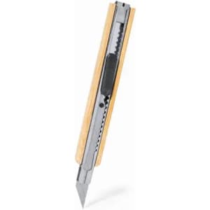 A utility knife with a silver blade and a wooden handle. The knife features a retractable mechanism and a sturdy design.