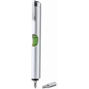 A silver multi-tool pen with a built-in level and removable cap.