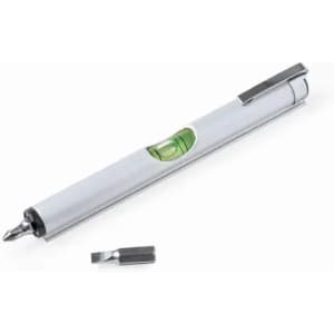 A silver multi-tool pen with a level and a detachable screwdriver bit.