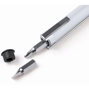 A silver multi-tool with interchangeable screwdriver bits and a black cap. It has a sleek metallic finish.