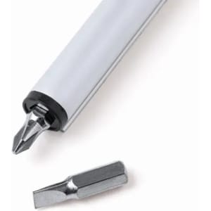 A screwdriver with a silver handle and a detachable black-and-silver bit. The bit is Phillips-style.