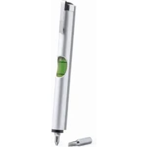 A silver multi-tool pen with a level bubble and interchangeable tip, featuring a sleek design.
