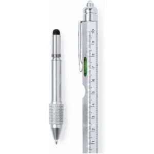 A silver pen with a stylus tip alongside a metal ruler, featuring both metric and imperial measurements.