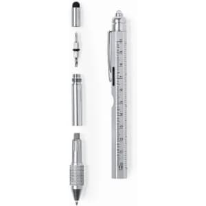 A silver multifunctional pen disassembled into five parts, including a ruler, stylus, and various pen tips.