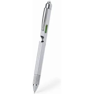 A silver pen with a green indicator and a textured grip. It features a clip and a retractable tip.