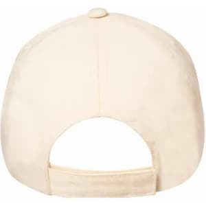 A beige cap featuring a button on top and an adjustable strap at the back.
