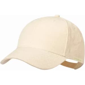 A beige cap with a curved brim and an adjustable strap at the back. It features a small logo on the side.