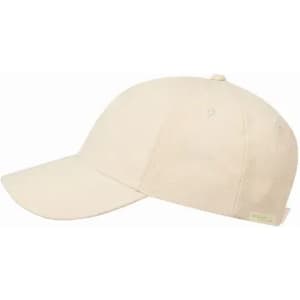 A beige cap with a curved brim and adjustable strap, featuring a subtle logo on the side.