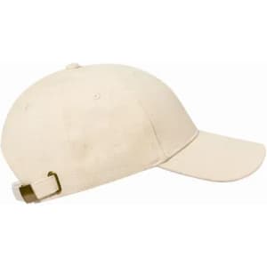 A light beige cap with a curved brim and an adjustable strap at the back. It features a logo on the front.