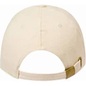 A beige baseball cap with a rear strap and a logo. The fabric appears textured and slightly worn.