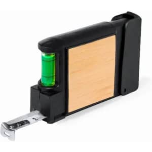 A tape measure with a black plastic casing, wooden panel, and a built-in bubble level for precision.