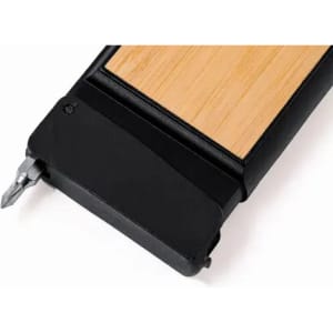A black and wooden product with a pointed end, featuring a logo on the side.