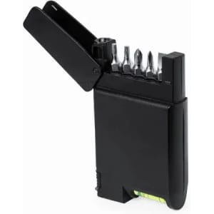 A compact black tool featuring multiple screwdrivers and a built-in level, with a protective cover.