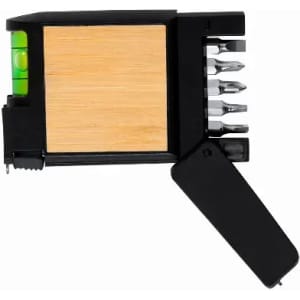 A multi-tool featuring a wooden panel, various screwdriver bits, and a level, with a black and natural wood finish.