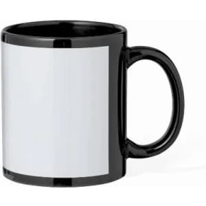 A black mug with a blank white surface for customisation, featuring a classic handle design.