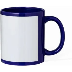 A mug featuring a white body with a navy blue handle and rim, suitable for custom designs.