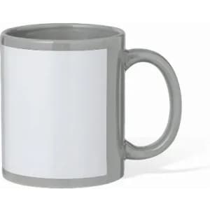 A grey mug featuring a blank white surface, ideal for custom designs or logos.