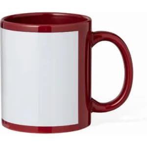 A red ceramic mug with a large white area for custom designs or text. Features a sturdy handle.