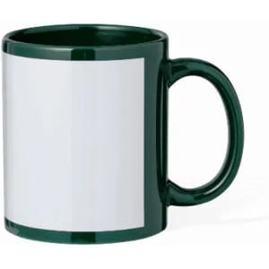 A green mug with a white surface for custom designs or logos, featuring a sturdy handle.