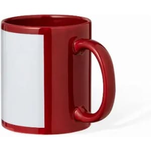 A drink bottle featuring a red exterior with a solid white panel and a curved handle.