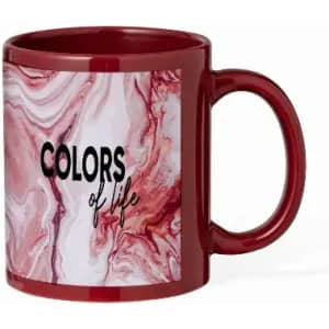 A marbled red coffee mug featuring a decorative design and a logo on one side.