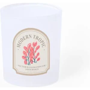 A clear glass container featuring a floral design and logo, predominantly in soft pink and cream colours.