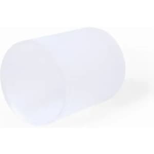A drink bottle in clear, translucent white with a cylindrical shape and a simple design that includes a logo.