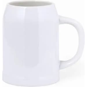 A white ceramic mug with a rounded, barrel-like shape and a sturdy handle. It has a glossy finish and no visible branding.