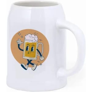 A drink mug featuring a cartoon beer character with a smiling face, on a white background with an orange circle.