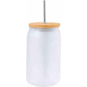 A drink bottle with a frosted glass body, wooden lid, and metal straw. It features a sleek, minimal design.