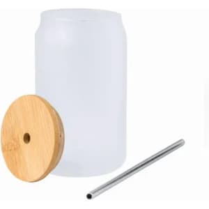 A drink bottle with a frosted white body, a bamboo lid, and a stainless steel straw.