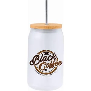 A drink bottle with a frosted finish, wooden lid, and a metallic straw featuring a logo.