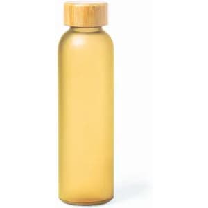 A drink bottle in a golden hue with a wooden bamboo lid and a smooth, cylindrical shape. It features a logo.